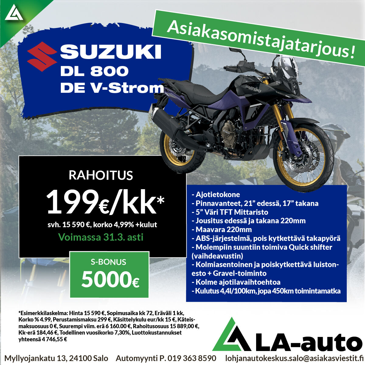 Asiakasomistajatarjous: Suzuki DL 800 DE V-Strom, Rahoitus 199€/kk