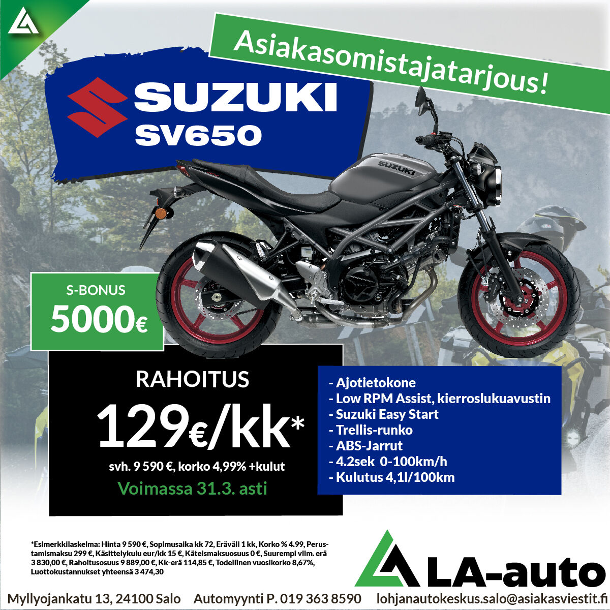 Asiakasomistajatarjous: Suzuki SV650, Rahoitus 129€/kk