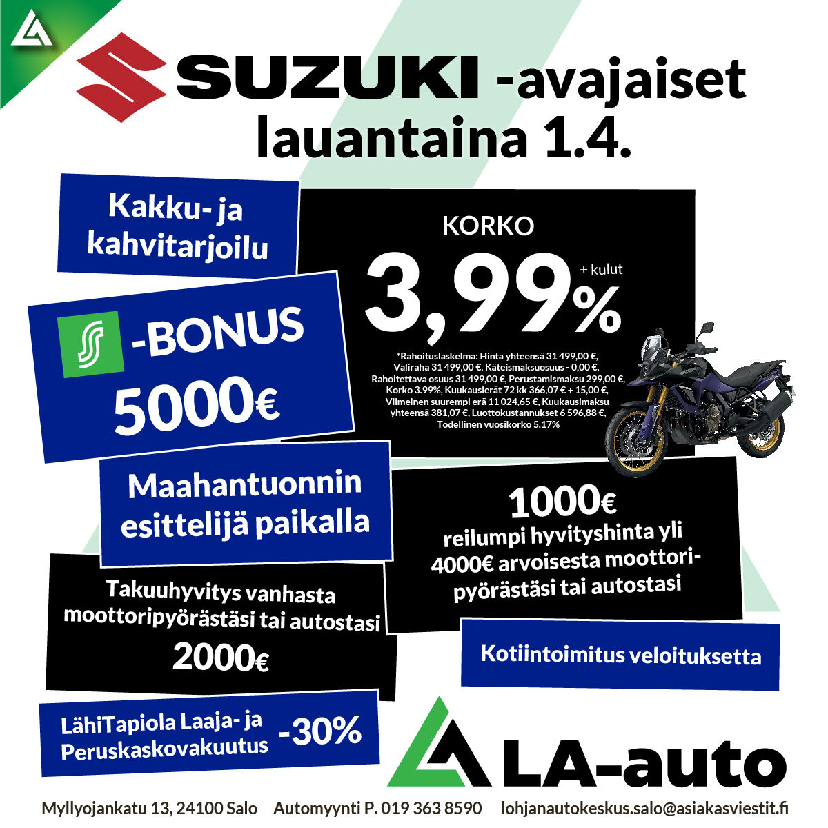 SUZUKI-avajaiset LA-autossa lauantaina 1.4.: Kakku- ja kahvitarjoilu, S-BONUS 5000€, KORKO 3,99%!