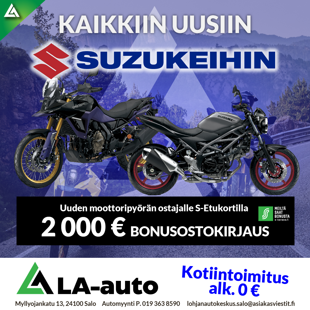 Uuden moottoripyörän ostajalle S-Etukortilla 2000€ bonusostokirjausa