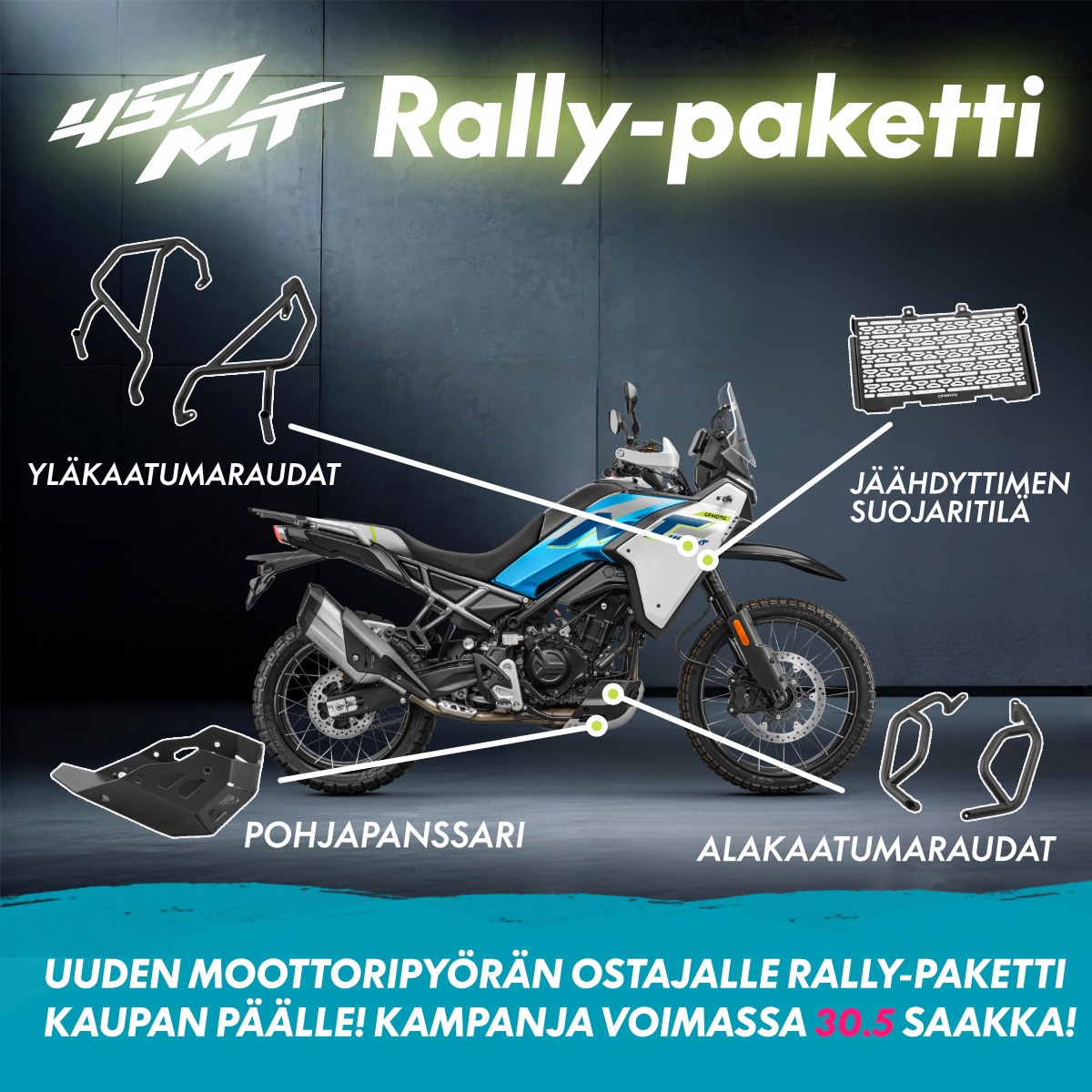 Uuden moottoripyörän ostajalle Rally-paketti kaupan päälle.