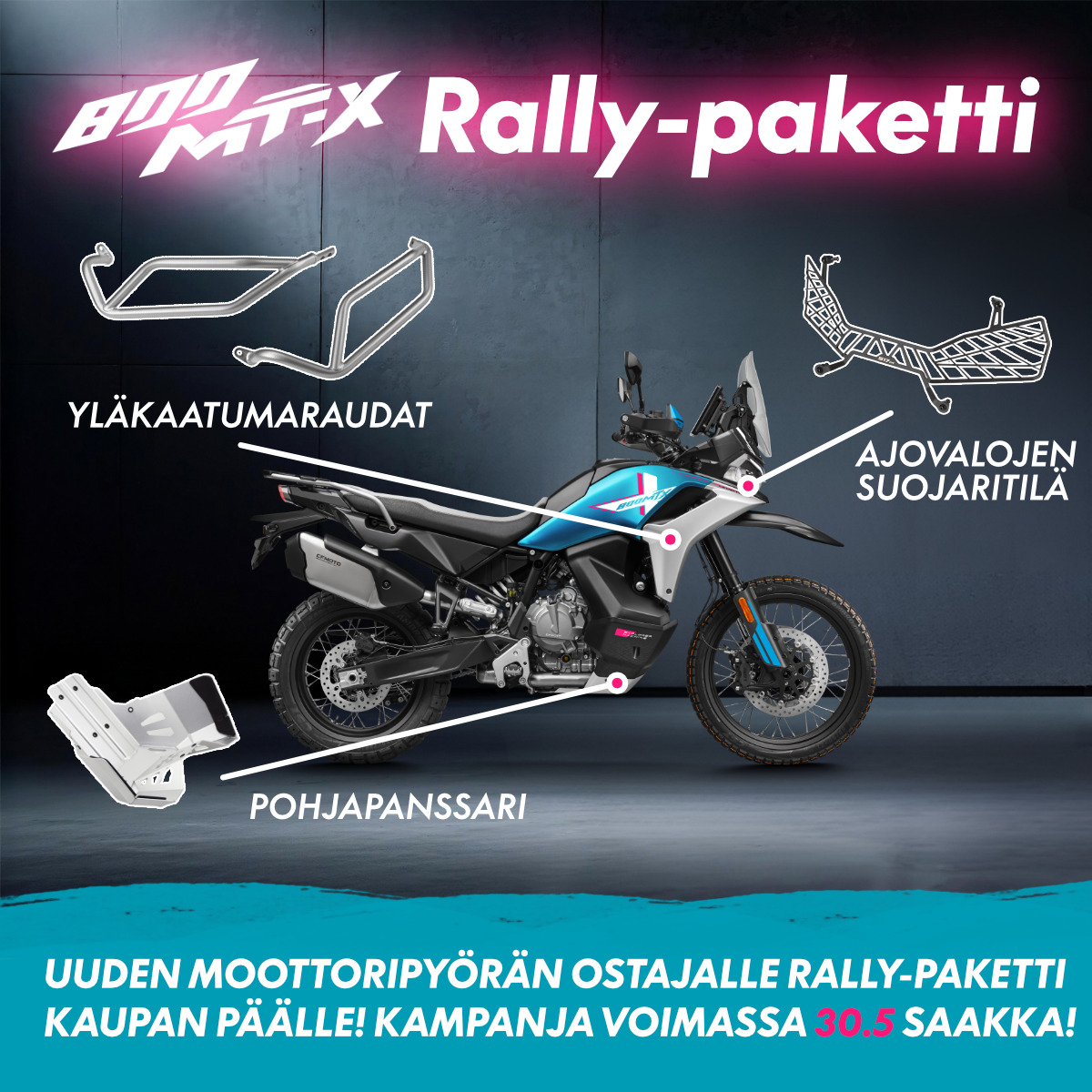 Uuden moottoripyörän ostajalle Rally-paketti kaupan päälle.