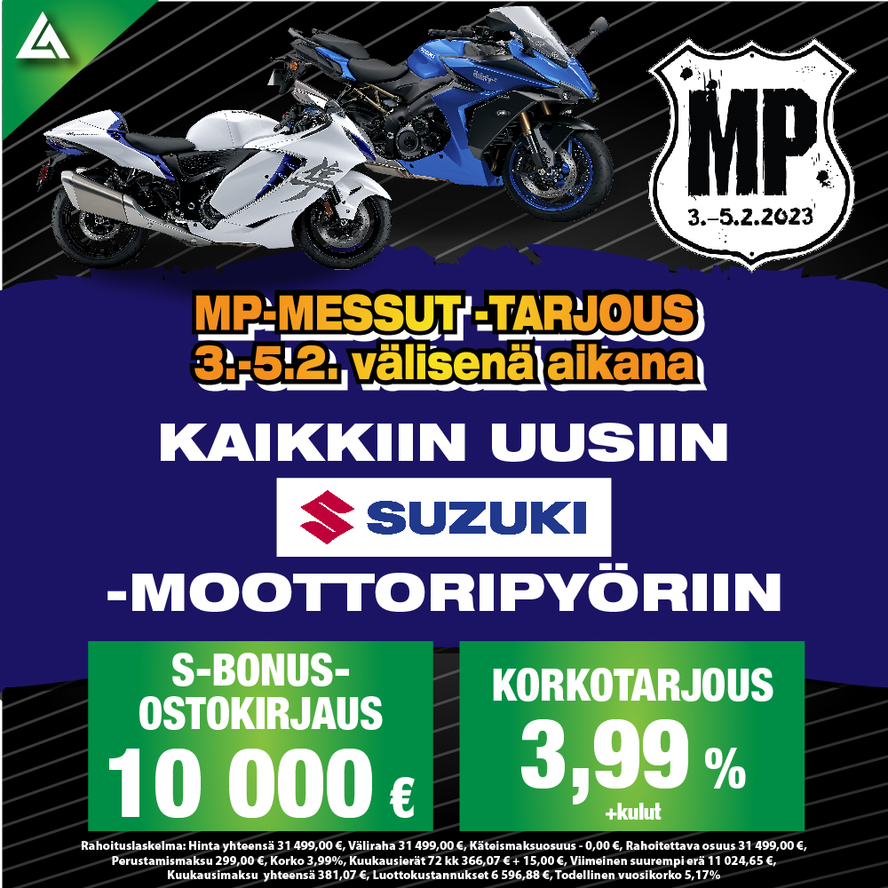 MP-messut-tarjous 3.–5.2. välisenä aikana kaikkiin uusiin Suzuki-moottoripyöriin!