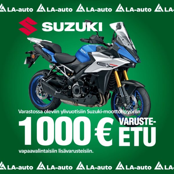 Varastossa oleviin ylivuotisiin Suzuki-moottoripyöriin 1000 euron varuste-etu