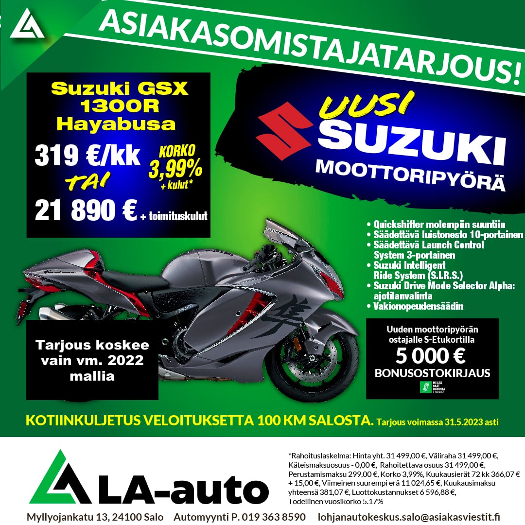 ASIAKASOMISTAJATARJOUS! UUSI SUZUKI MOOTTORIPYÖRÄ Suzuki GSX 1300R Hayabusa 319 €/kk TAI 21 890 € + toimituskulut